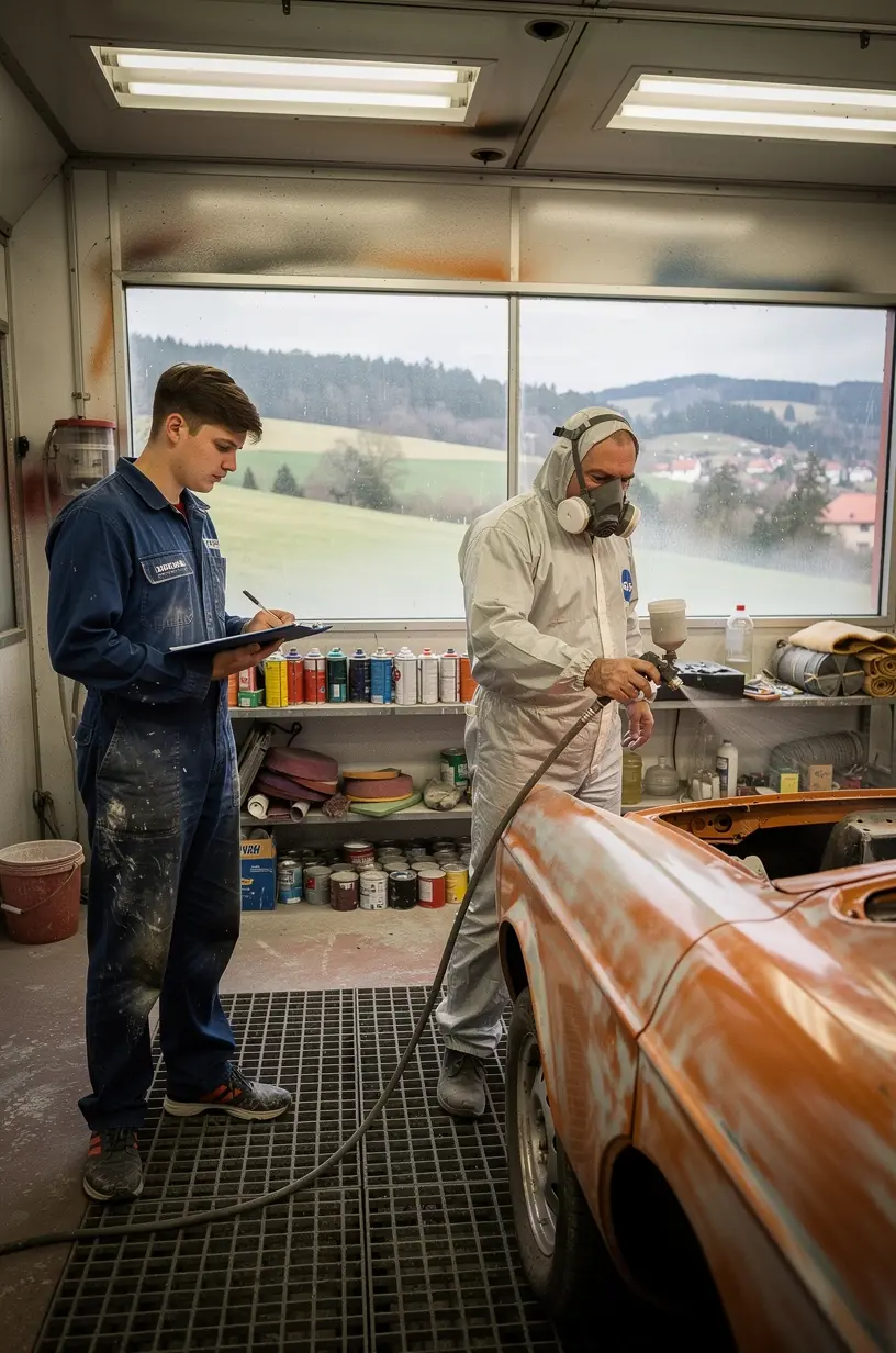 Interiér autoservisu s rôznymi nástrojmi a zariadeniami na karosárske práce a renovácie.